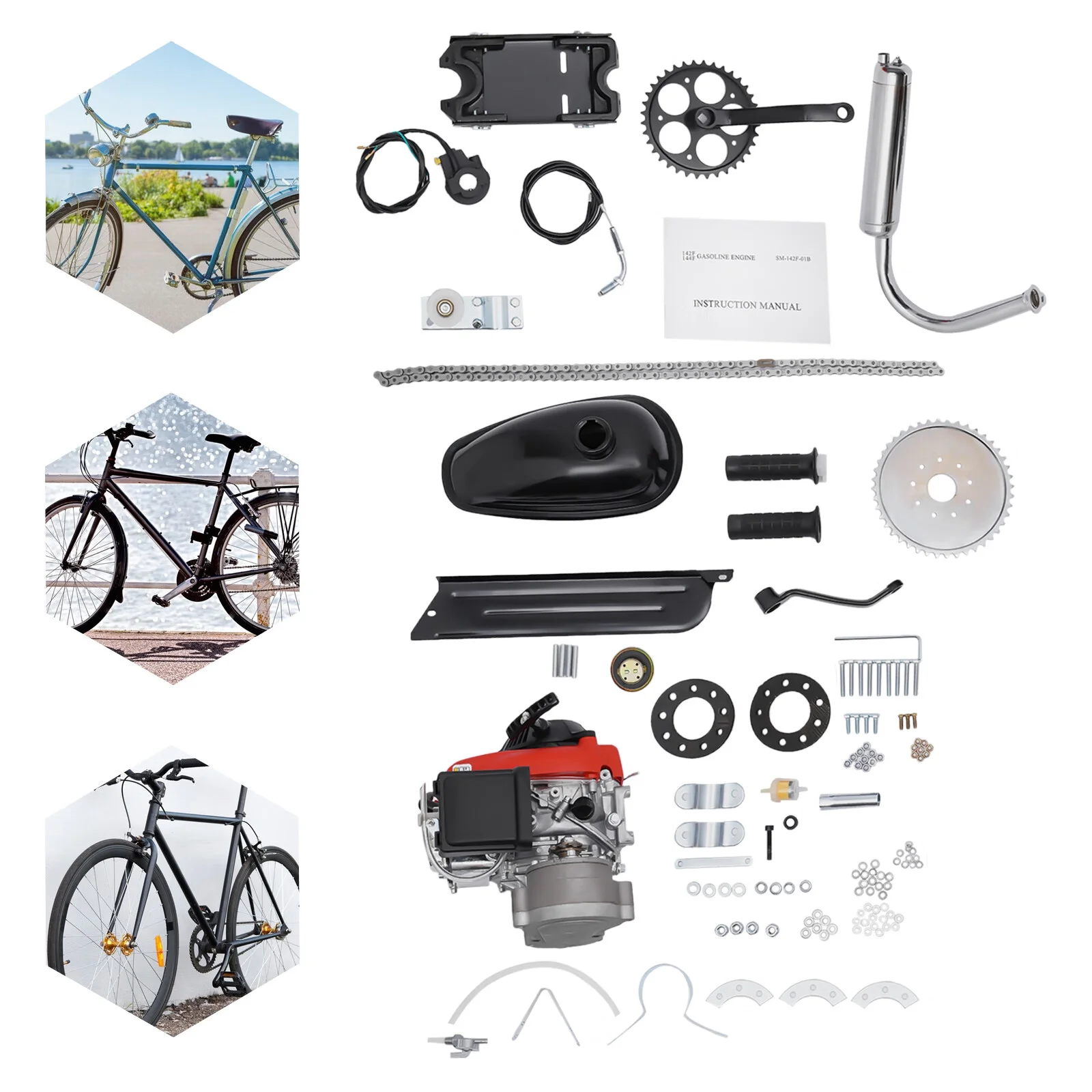 Anqidi Full Set 4-Stroke 53CC Bicycle Engine Kit Gas Motorized Bike Electric Bicycle Engine Motor Complete Kit Gasoline Powered Engine TCI Ignition 1.5KW 6800Rpm - MadeInUSA