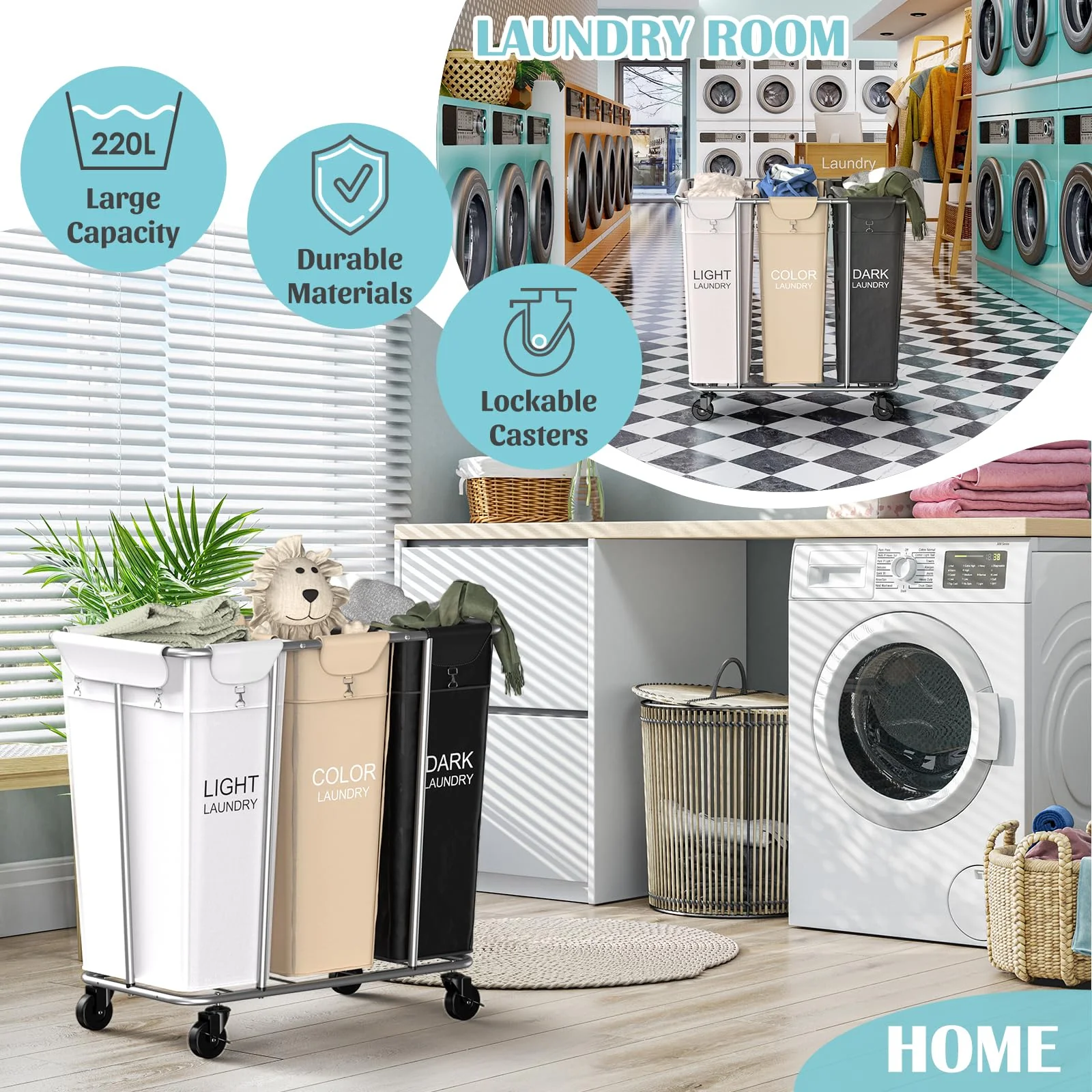 PLKOW Laundry Sorter 3 Section. 220L Large Laundry Cart