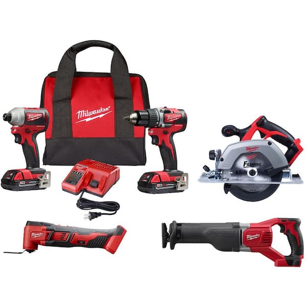M18 18V Lithium-Ion Cordless Compact Drill/Impact/Multi-Tool/Circular Saw/Reciprocating Saw Combo Kit (5-Tool)