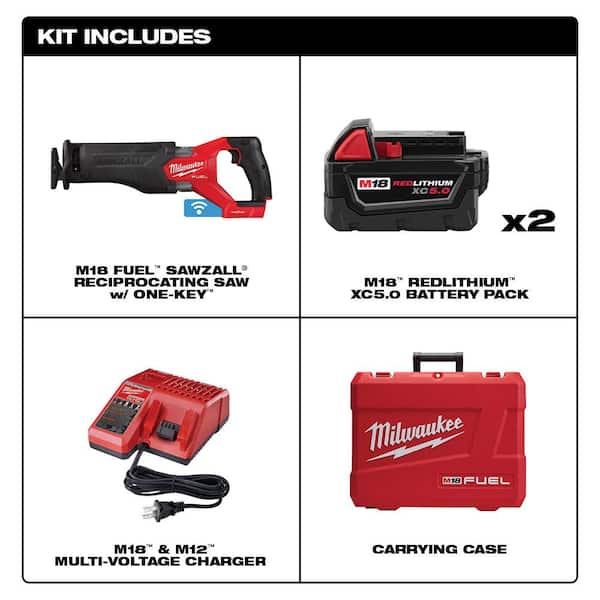 M18 FUEL ONE-KEY 18V Lithium-Ion Brushless Cordless SAWZALL Reciprocating Saw Kit with Two 5.0 Ah Batteries. Case