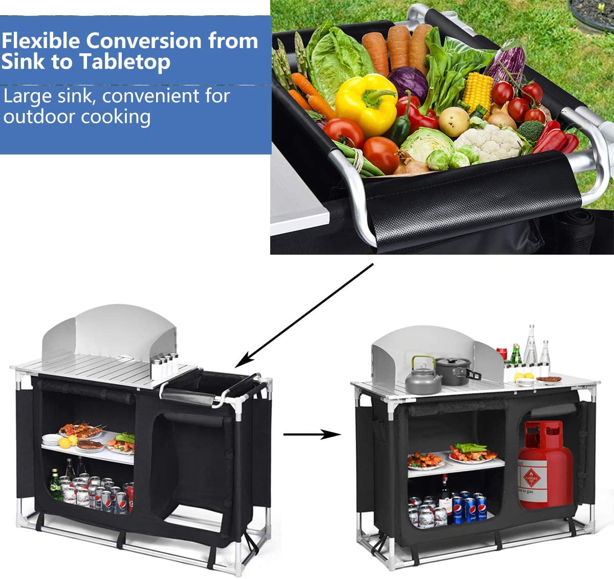 Camping Kitchen Table. Camping Grill Table w/Windscreen & Storage Organizer. Outdoor Kitchen Cook Station with Basin for BBQ. Party. Picnics. Backyards. BBQ Table