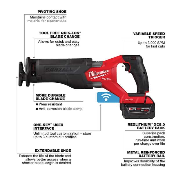 M18 FUEL ONE-KEY 18V Lithium-Ion Brushless Cordless SAWZALL Reciprocating Saw Kit with Two 5.0 Ah Batteries. Case