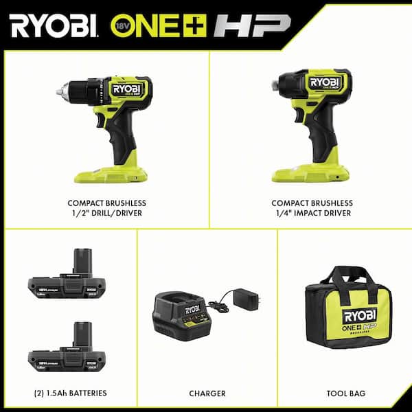 ONE+ HP 18V Brushless Cordless Compact 1/2 in. Drill and Impact Driver Kit with (2) 1.5 Ah Batteries. Charger and Bag