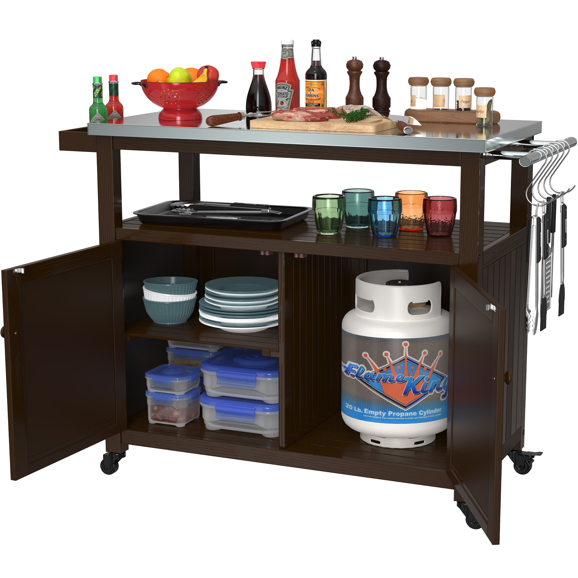 Prep Table Grill Station. Solid Wood Movable Dining Cart Table. Dark Brown