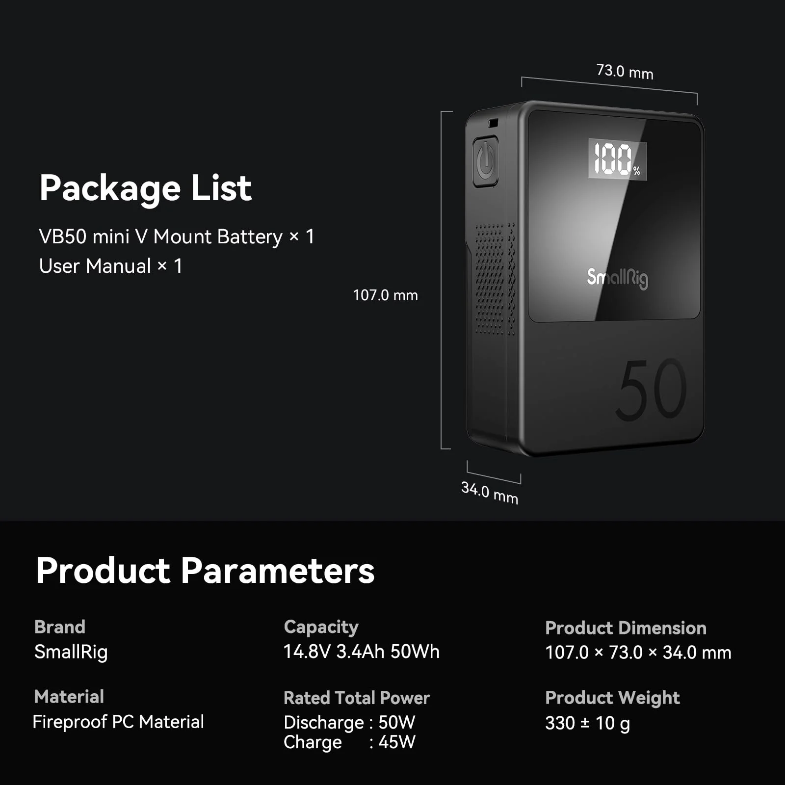 SmallRig 3400mAh 50Wh 14.8V mini V Mount Battery