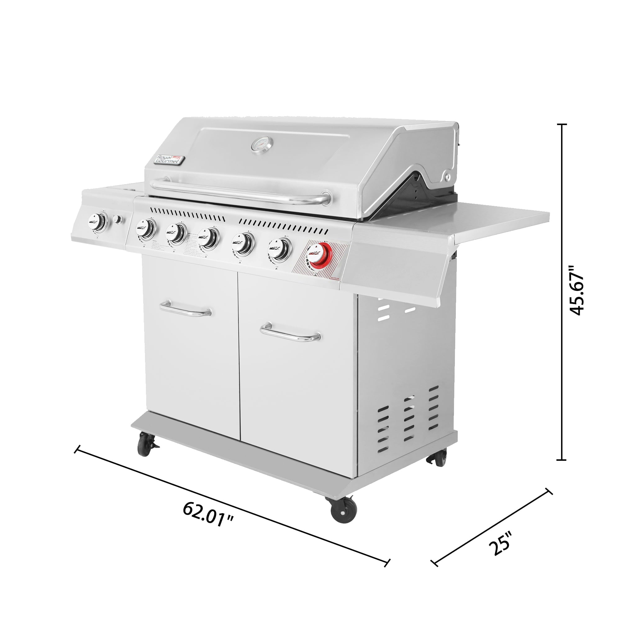 Gourmet GA6402S Stainless Steel Gas Grill. Premier 6-Burner BBQ Grill with Sear Burner and Side Burner. 74.000 BTU. Cabinet Style. Outdoor Party Grill. Silver
