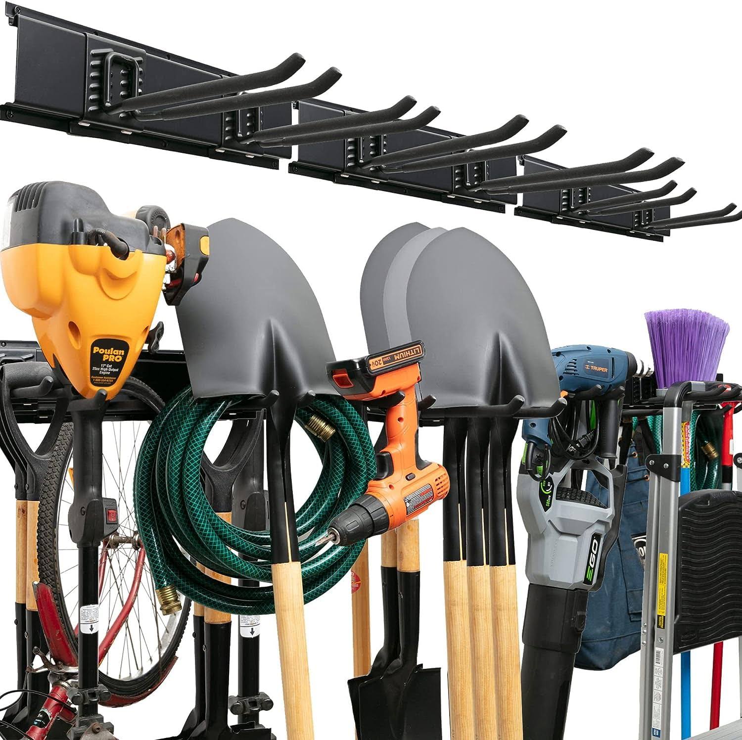 TIDYME Garage Tool Organizer Wall Mount - Sturdy Storage Rack with Adjustable Hooks, Stud Spacing Compliance - 300lbs Capacity - Garden Tool