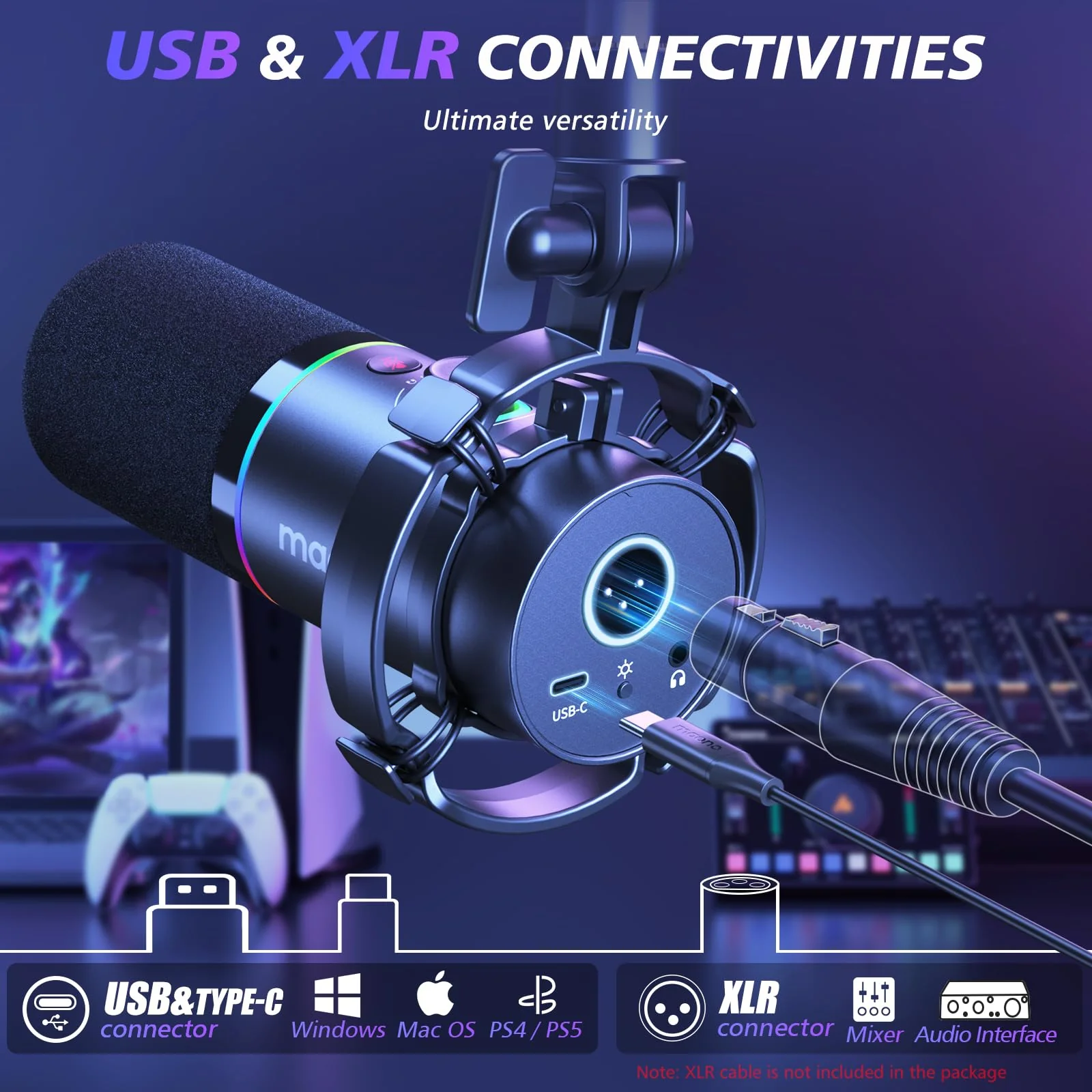 MAONO XLR/USB Dynamic Microphone Kit. RGB Podcast Mic