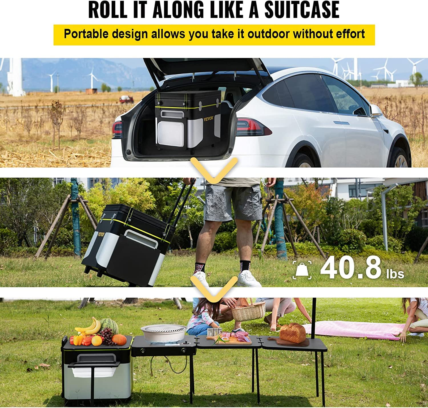 in One Integrated Camping Cooking Station Foldable Outdoor Mobile Kitchen Portable Multifunctional Camp Box w/ Wheels