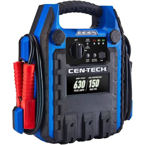 Cen-Tech 630 Peak Amp Portable Car Battery Jump Starter and Power Pack with 150 PSI Air Compressor - MadeInUSA
