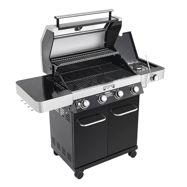 4-Burner Propane Gas Grill in Black with ClearView Lid. LED Controls. Side Burner and USB Light