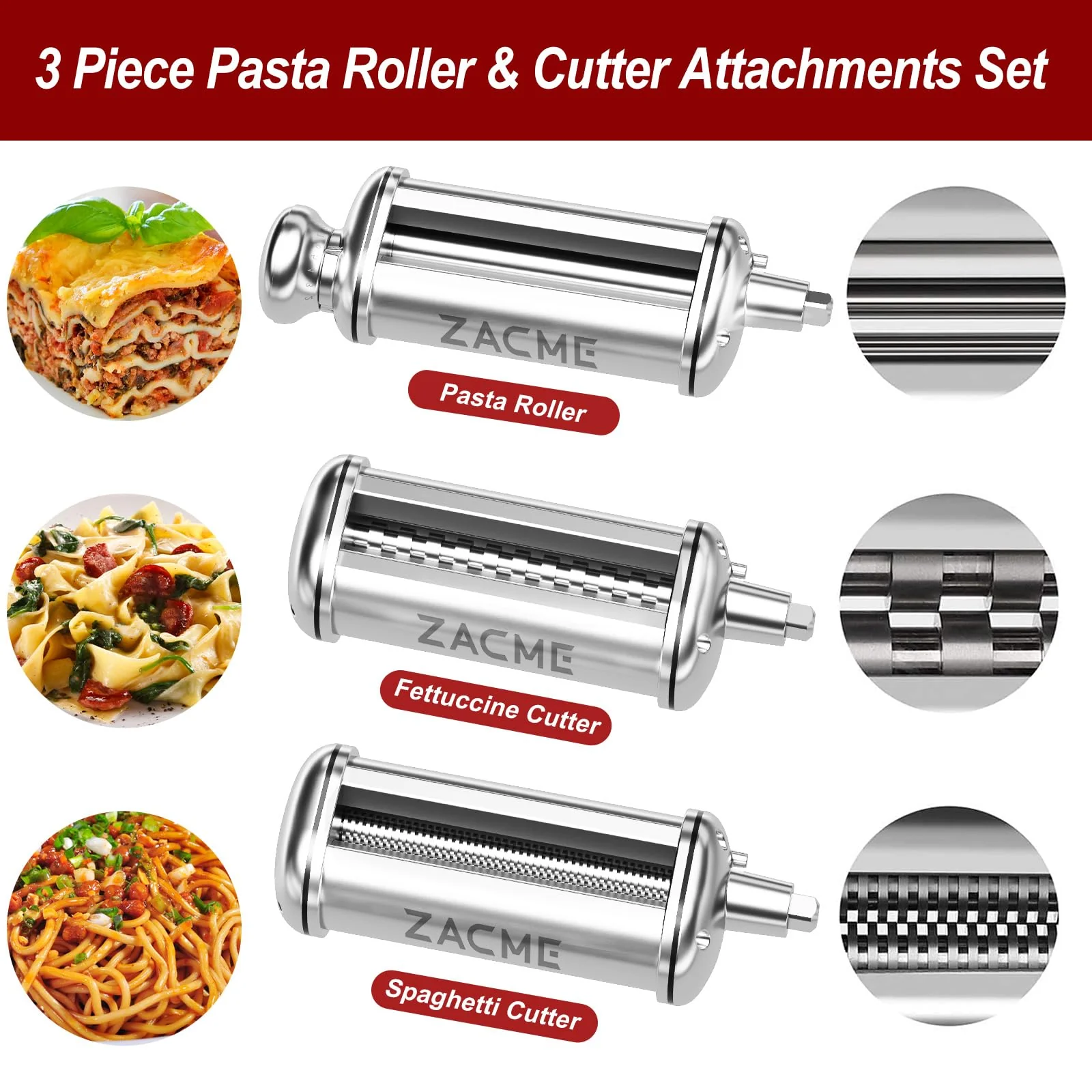ZACME 3 Piece Pasta Maker Attachment Set for All KitchenAid Stand Mixer
