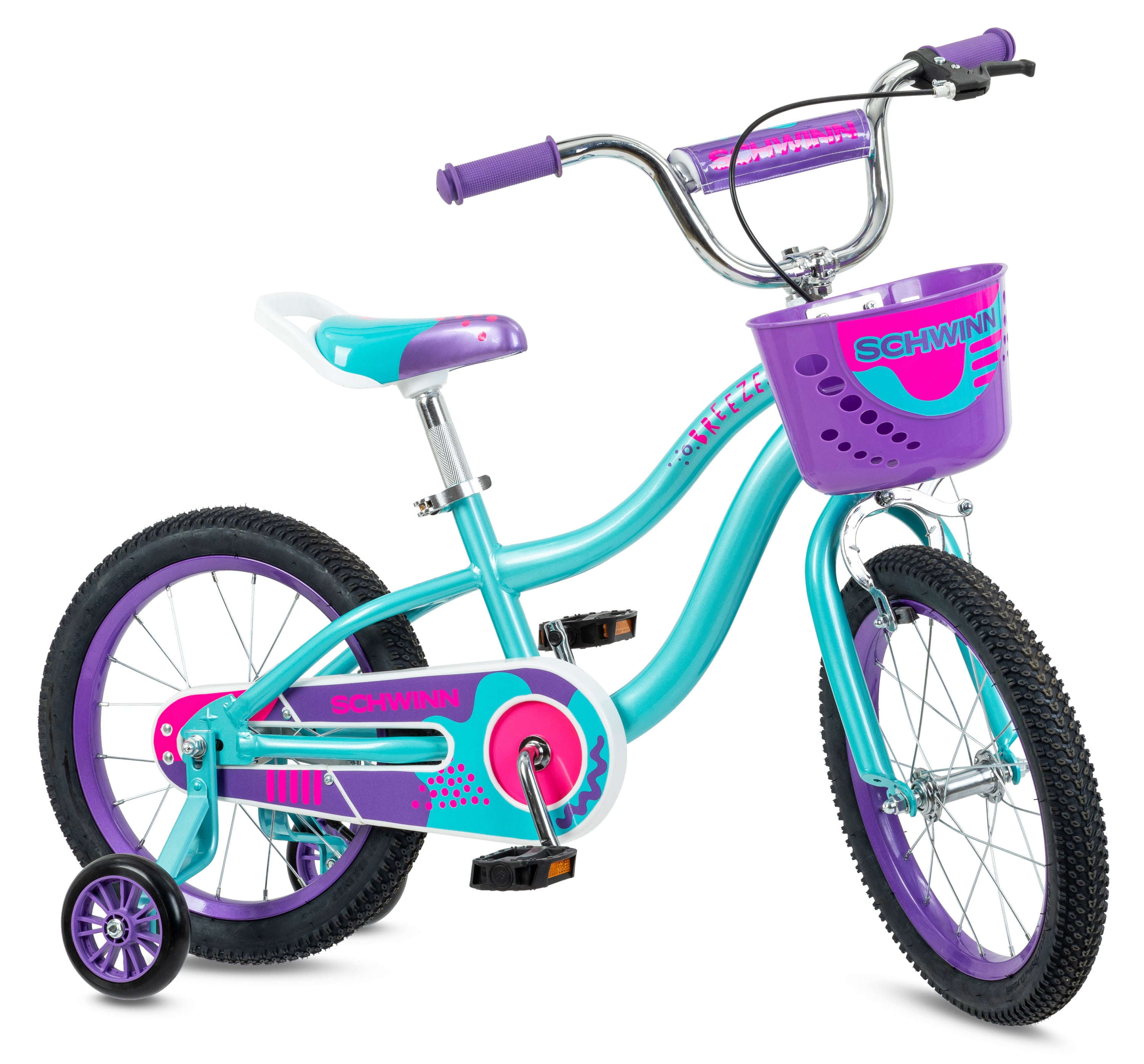 16-in. Breeze Girls Kids Bike with Basket. Teal & Purple