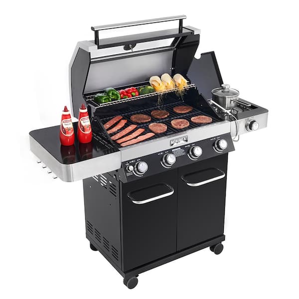 4-Burner Propane Gas Grill in Black with ClearView Lid. LED Controls. Side Burner and USB Light