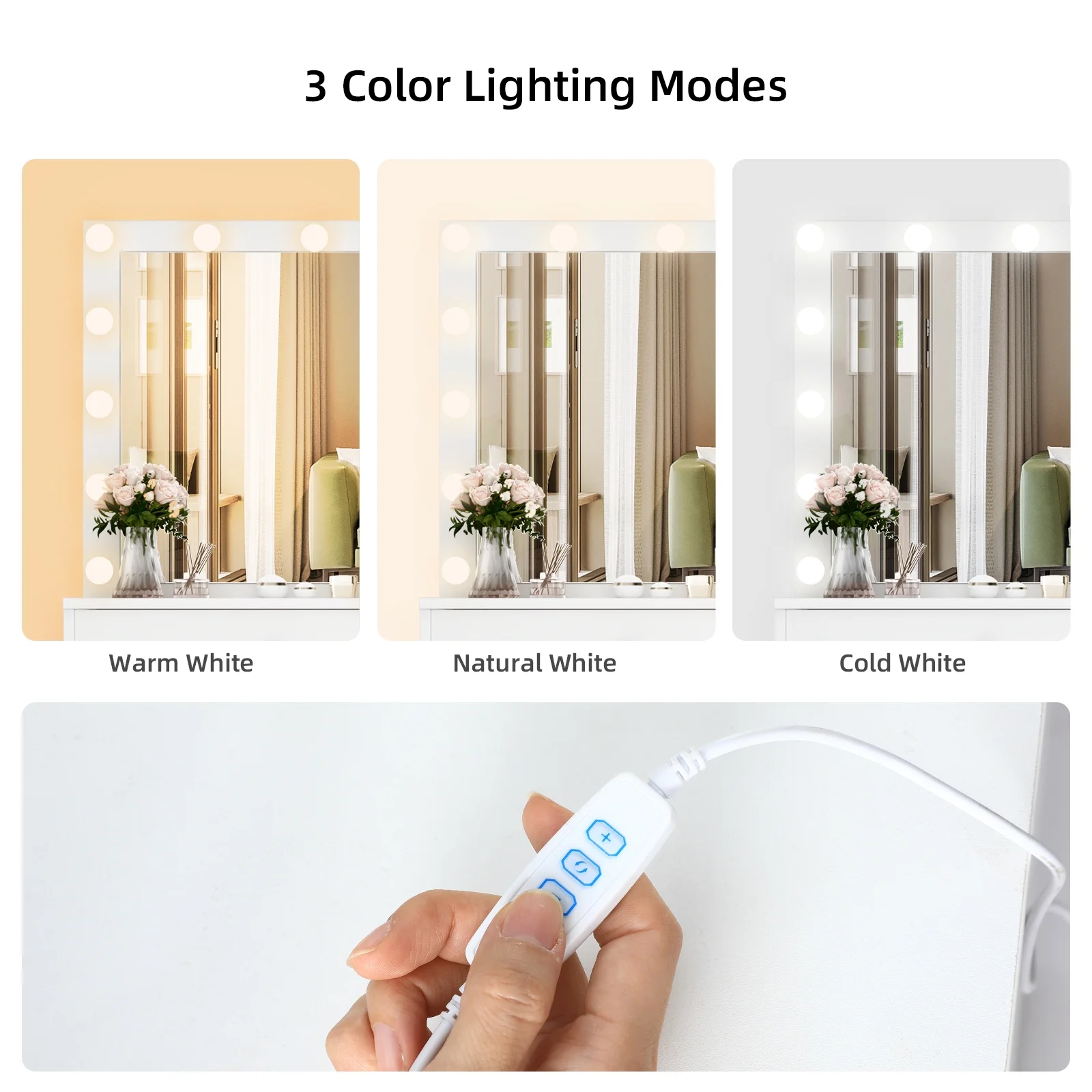 RichYa Modern Vanity Desk Makeup Table with Large LED Mirror and Power Outlet with 2 Sliding Storage White Marble - MadeInUSA