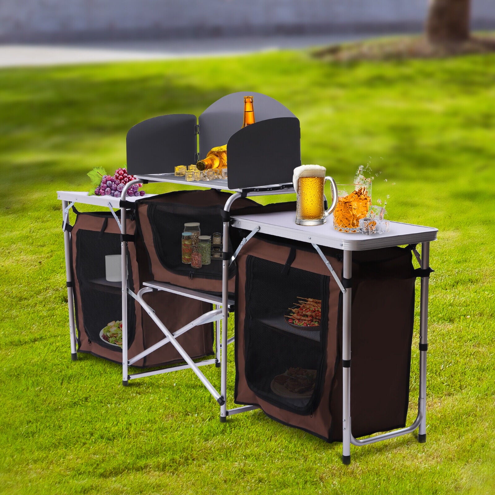 Folding Camping Kitchen Table with Storage Portable Outdoor Cooking Table with Aluminium Windscreen Kitchen Station with 2 Side Tables for BBQ Grill Picnics Brown