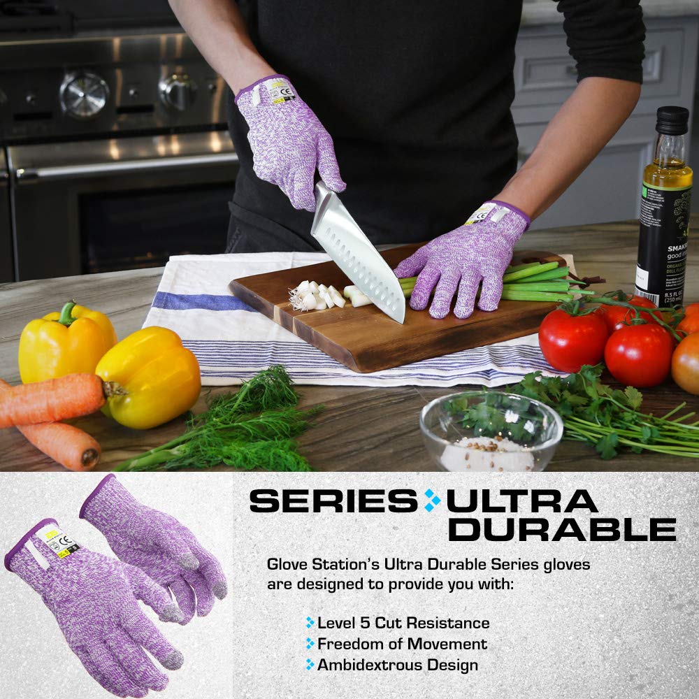 Station Ultra Durable Series Cut Resistant Gloves - Cutting Gloves for Chefs. BBQ and Cooking - Level 5 Protection; Food Grade Safe Cut Proof Gloves - Purple. Medium Size
