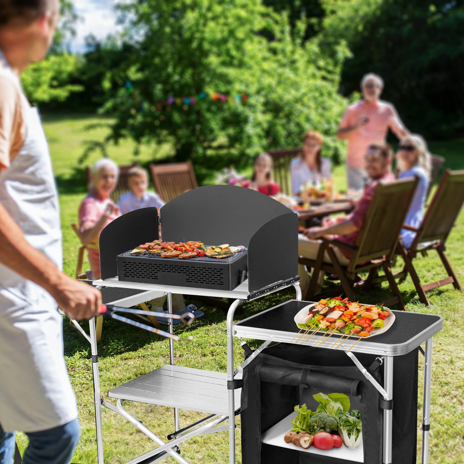 Camping Kitchen Station Aluminum Outdoor Cook Table Camping Table Black