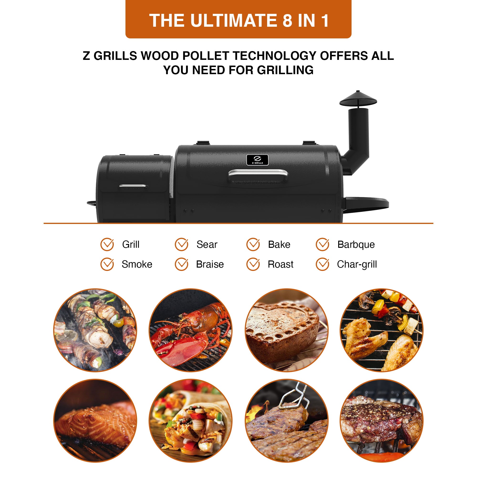 GRILLS ZPG-450A3 Wood Pellet Grill & Smoker 8-in-1 BBQ 2022 model. Black