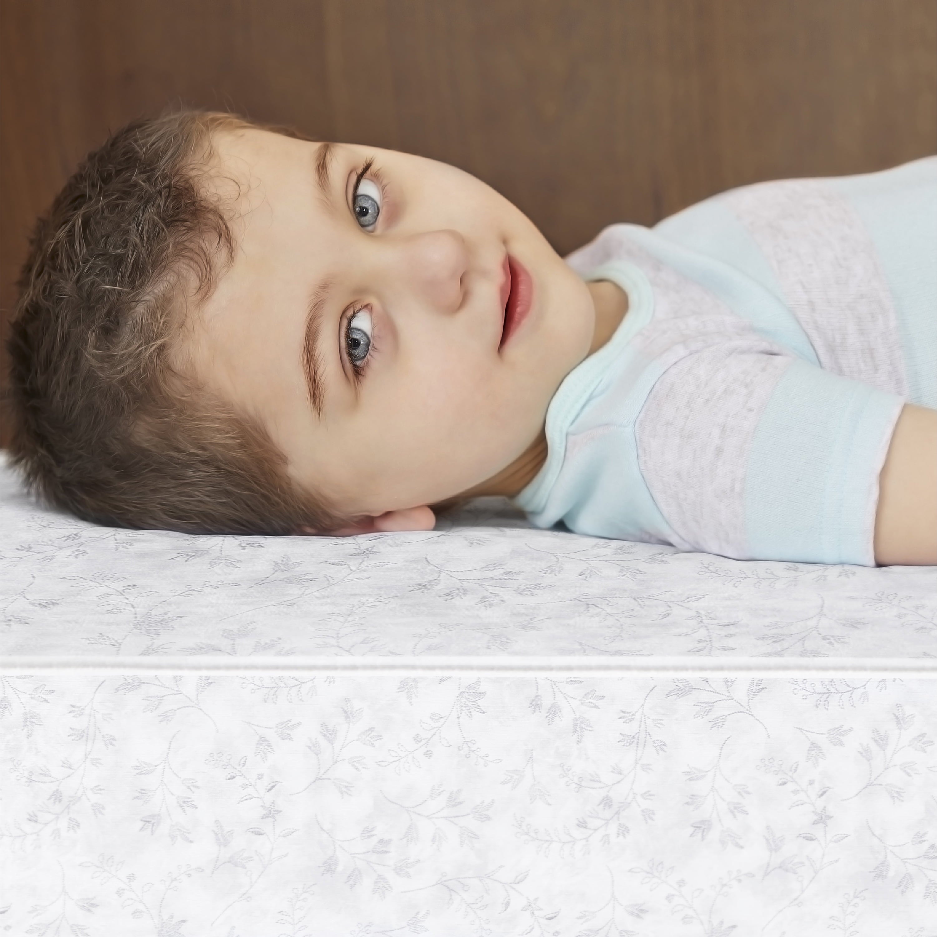 on Me Twinkle 5 88 Coil Crib and Toddler Mattress. Morning Mist Floral. Greenguard Gold Certified