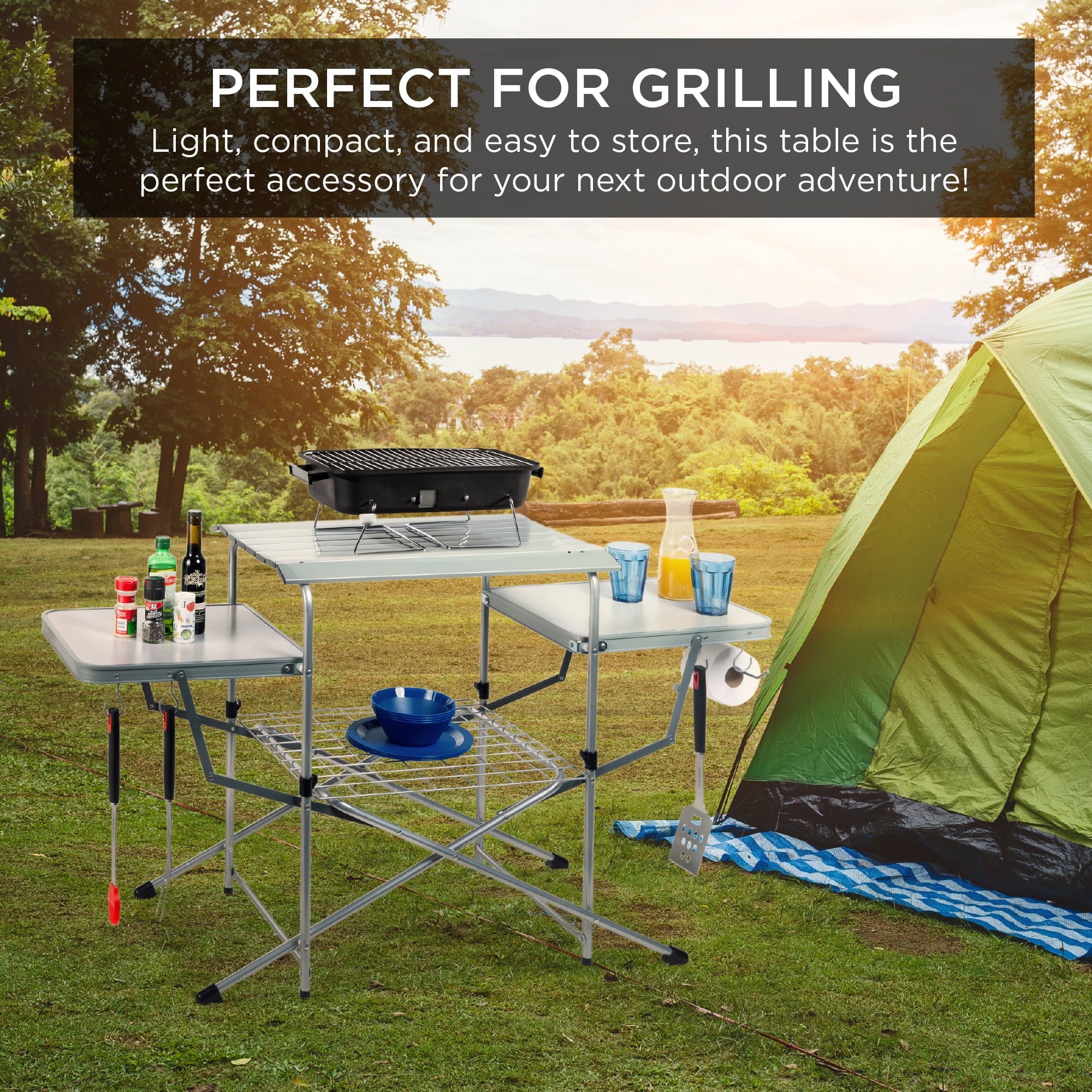 Choice Products Portable Folding Grill Table. Outdoor Food Prep Station for Camping w/ Carrying Case. 4 Hooks
