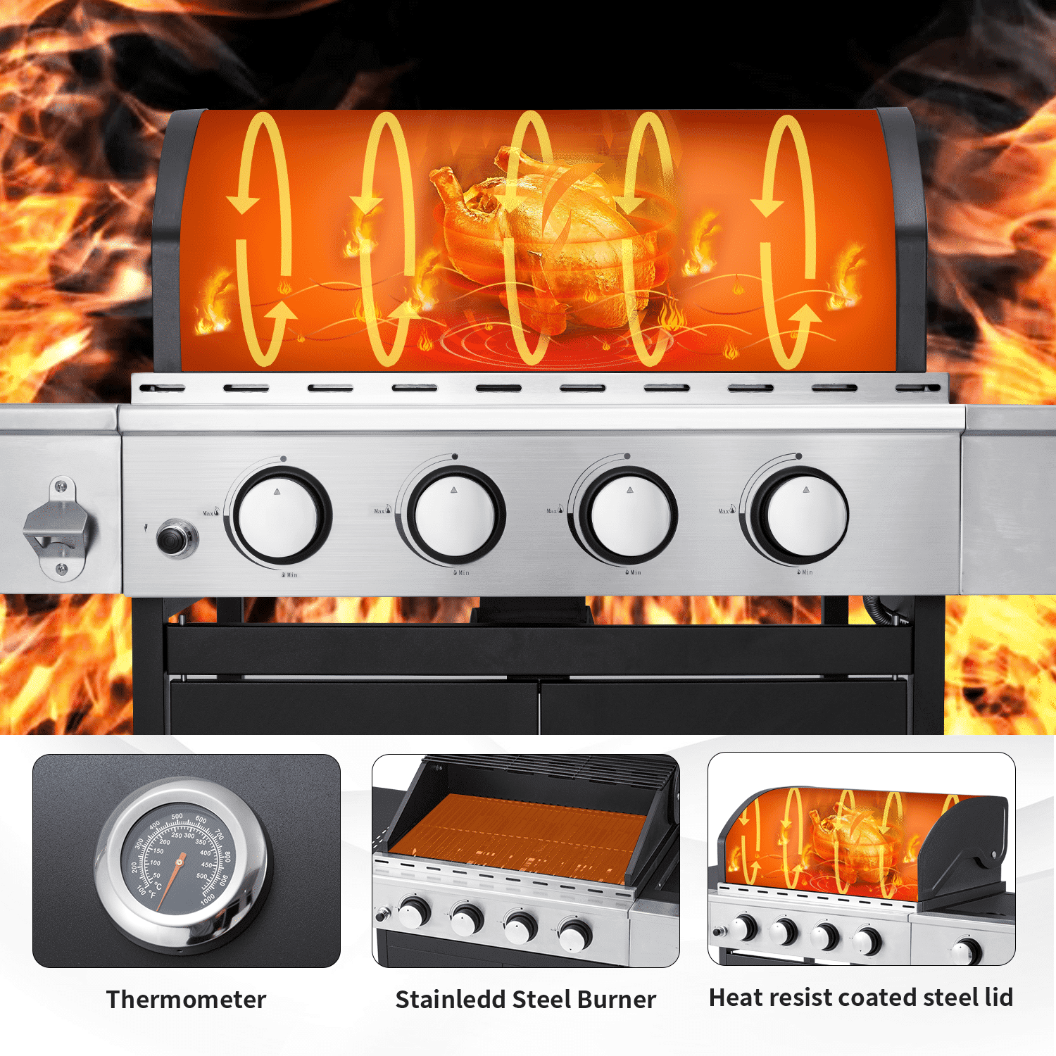 4 Burner Gas Grill.36000 BTU BBQ Propane Stainless Steel with Side Table for Patio Garden