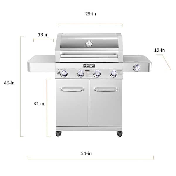 4-Burner Propane Gas Grill in Stainless with Clear View Lid. LED Controls and Side Burner
