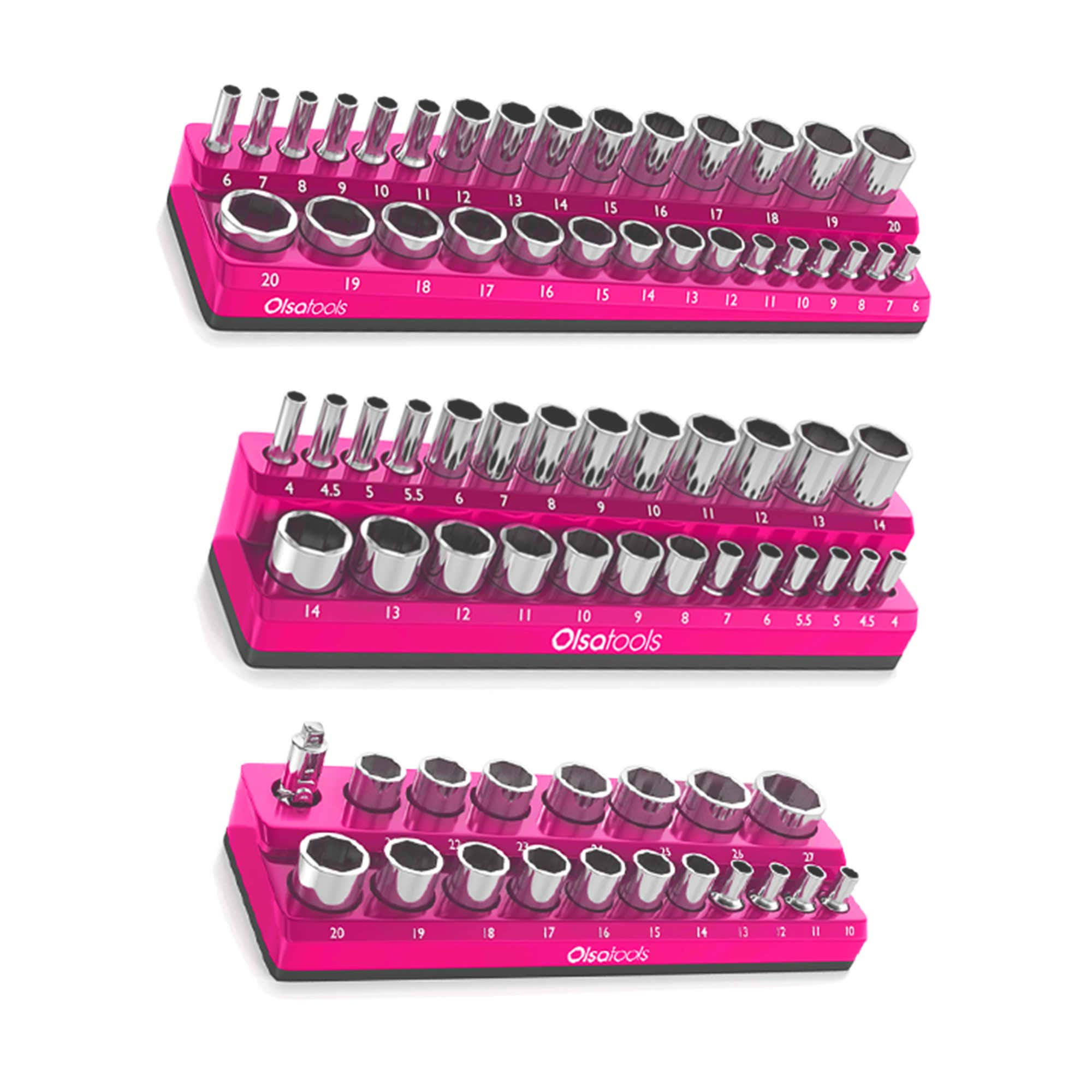 Olsa Tools Magnetic Socket Organizer | 3 Piece Socket Holder Kit | 1/2-Inch 3/8-Inch 1/4-Inch Drive | Metric Pink | HO