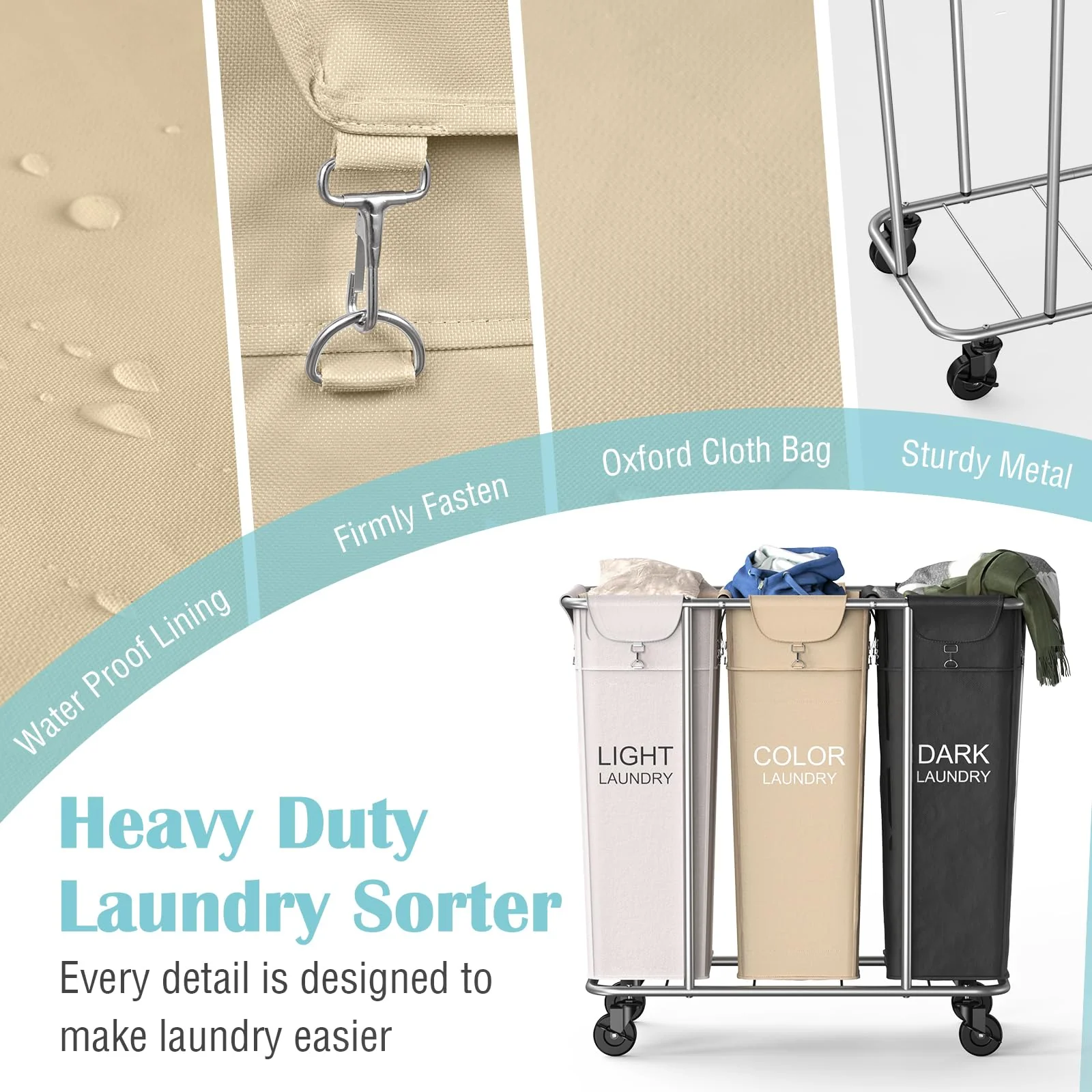 PLKOW Laundry Sorter 3 Section. 220L Large Laundry Cart