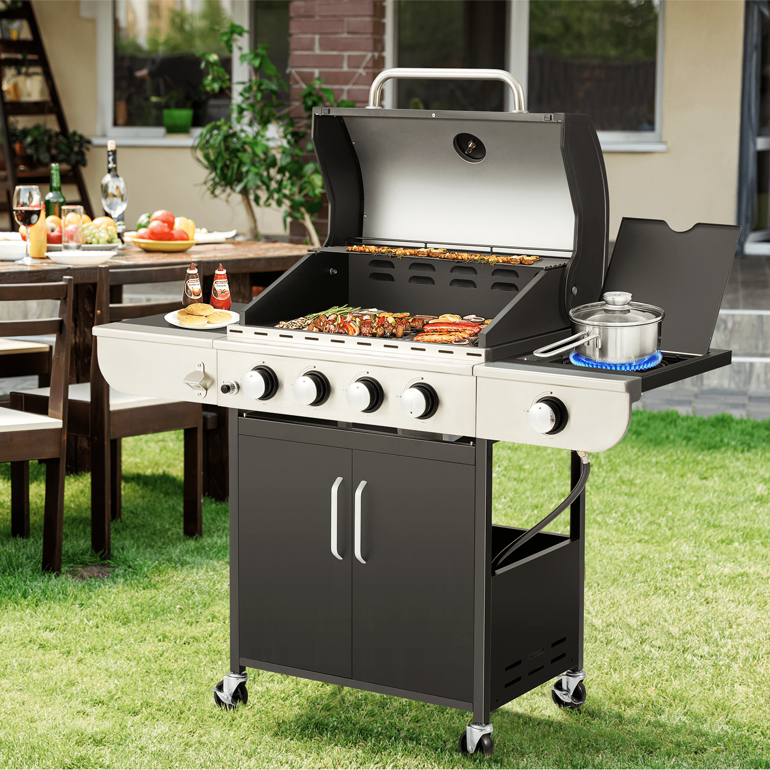 4 Burner Gas Grill.36000 BTU BBQ Propane Stainless Steel with Side Table for Patio Garden
