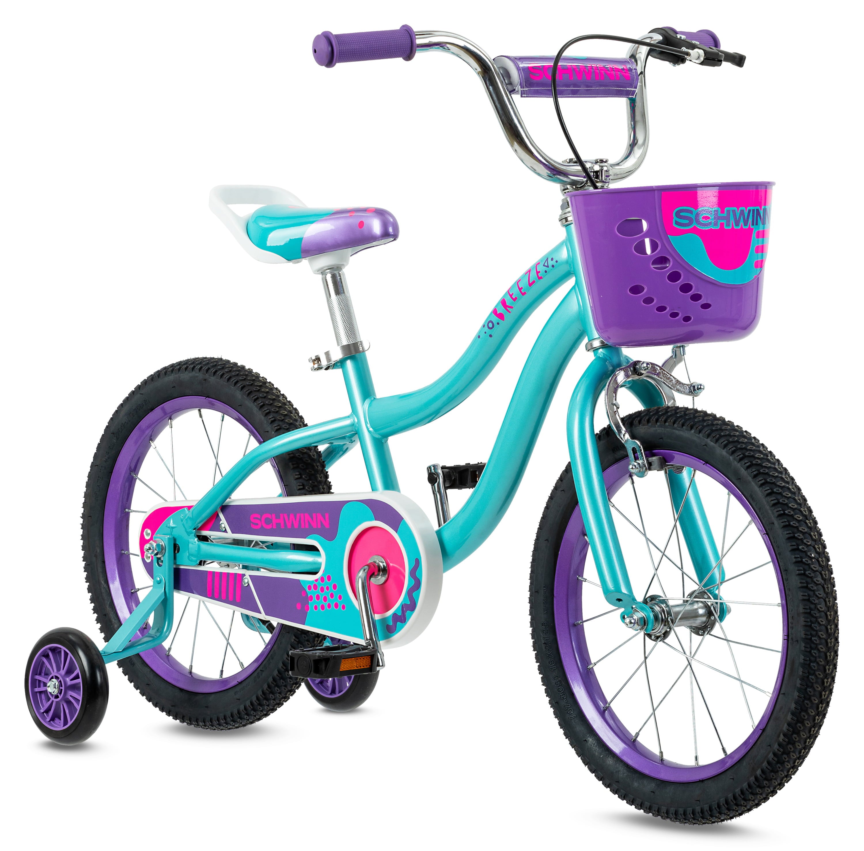 16-in. Breeze Girls Kids Bike with Basket. Teal & Purple