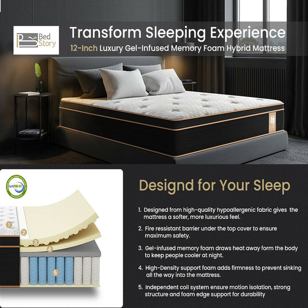12 (H) Pocket Spring Hybrid Mattress. Queen Size Gel Infused Memory Foam Mattresses Bed in-a-Box CertiPUR-US Certified