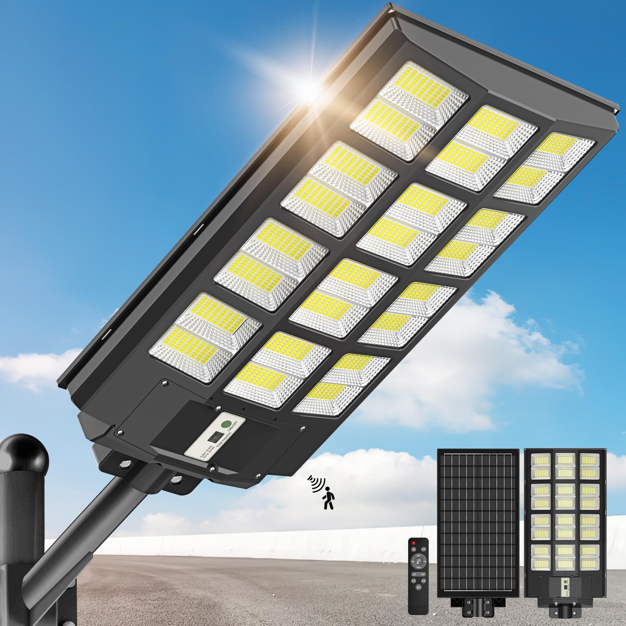 3200W Solar Street Lights Outdoor - 7000K Solar Lights Outdoor Waterproof Dusk to Dawn, Commercial Solar Parking Lot Lights with Motion Sensor, Solar Powered LED Street Light for Yard, Outside