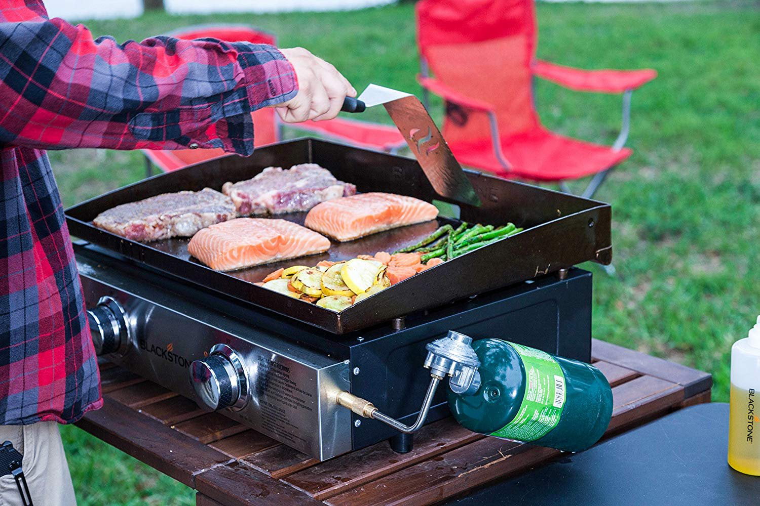 Tabletop Grill - 22 Inch Portable Gas Griddle - Propane Fueled - 2 Adjustable Burners - Rear Grease Trap - For Outdoor Cooking While Camping. Tailgating or Picnicking - Black