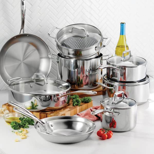 14 Piece Tri-Ply Clad Stainless Steel Cookware Set with Glass Lids