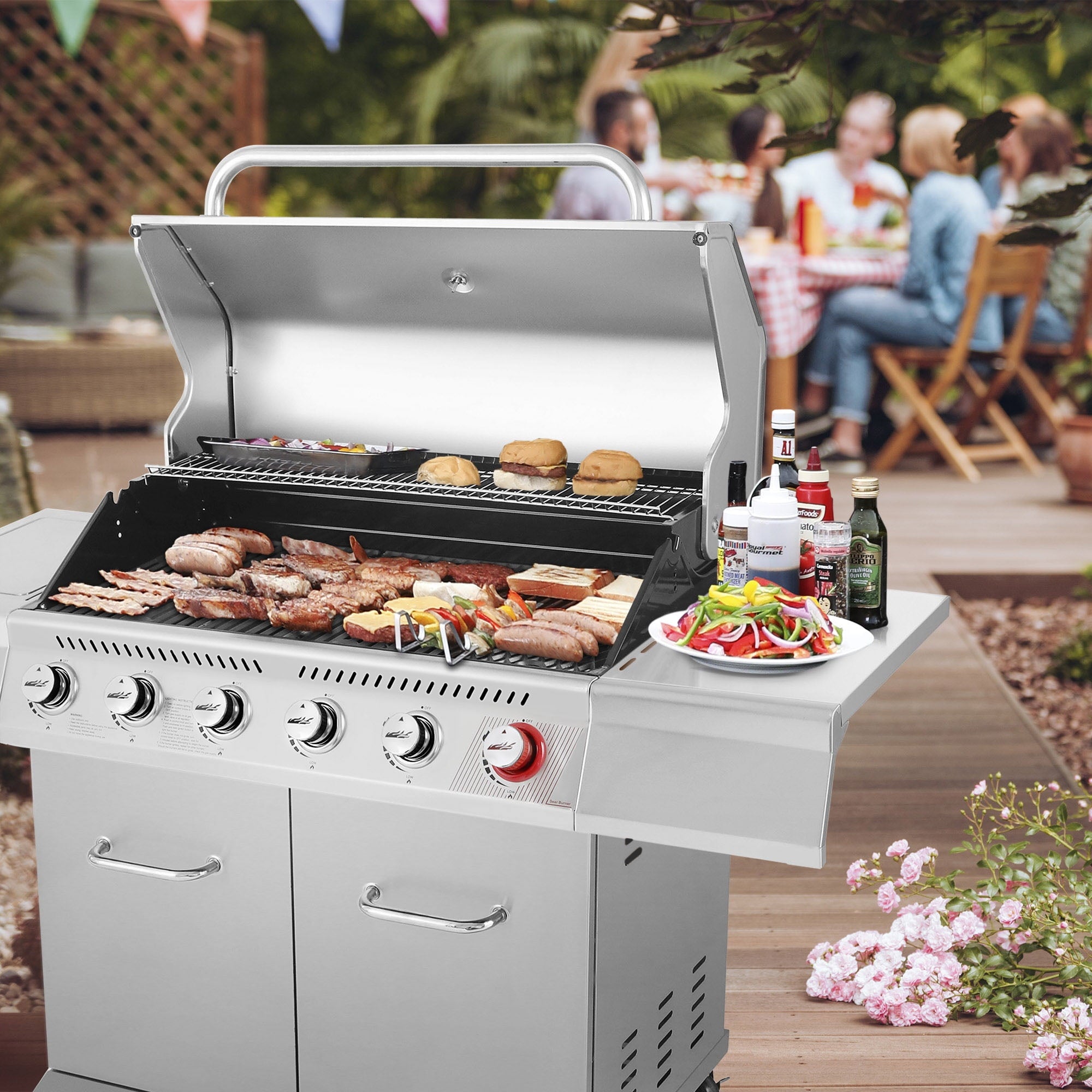 Gourmet GA6402S Stainless Steel Gas Grill. Premier 6-Burner BBQ Grill with Sear Burner and Side Burner. 74.000 BTU. Cabinet Style. Outdoor Party Grill. Silver
