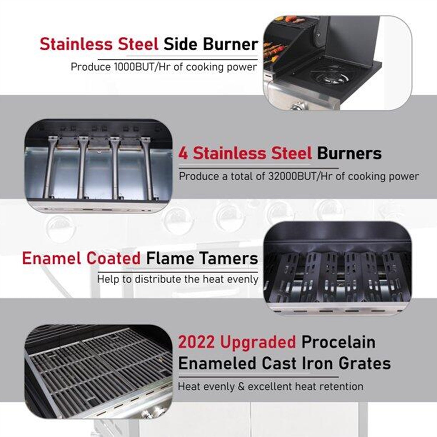 Stainless Steel 4 Burner Propane Gas Grill with Side Burner