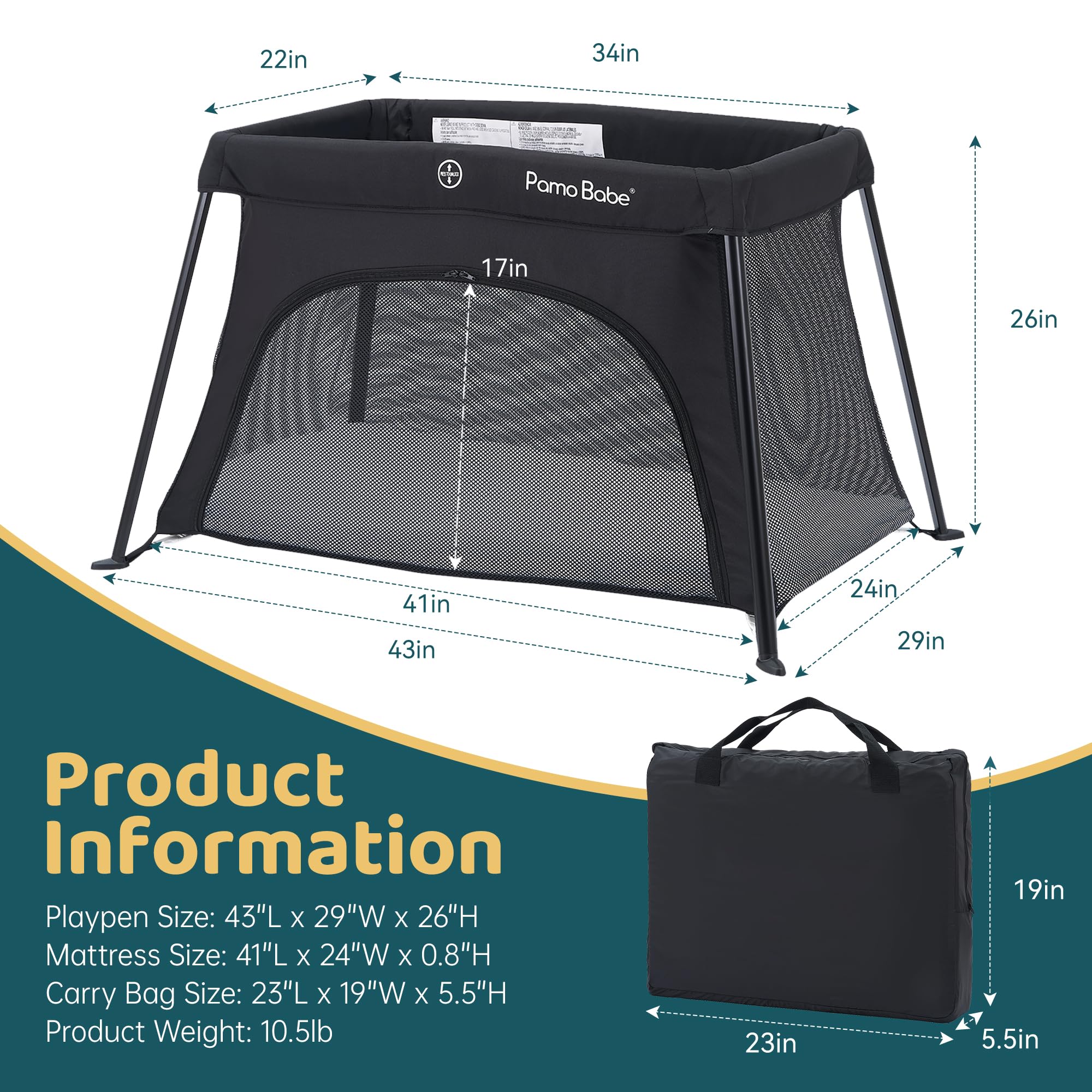 Pamo babe Lightweight Travel Crib with Soft Mattress Pad