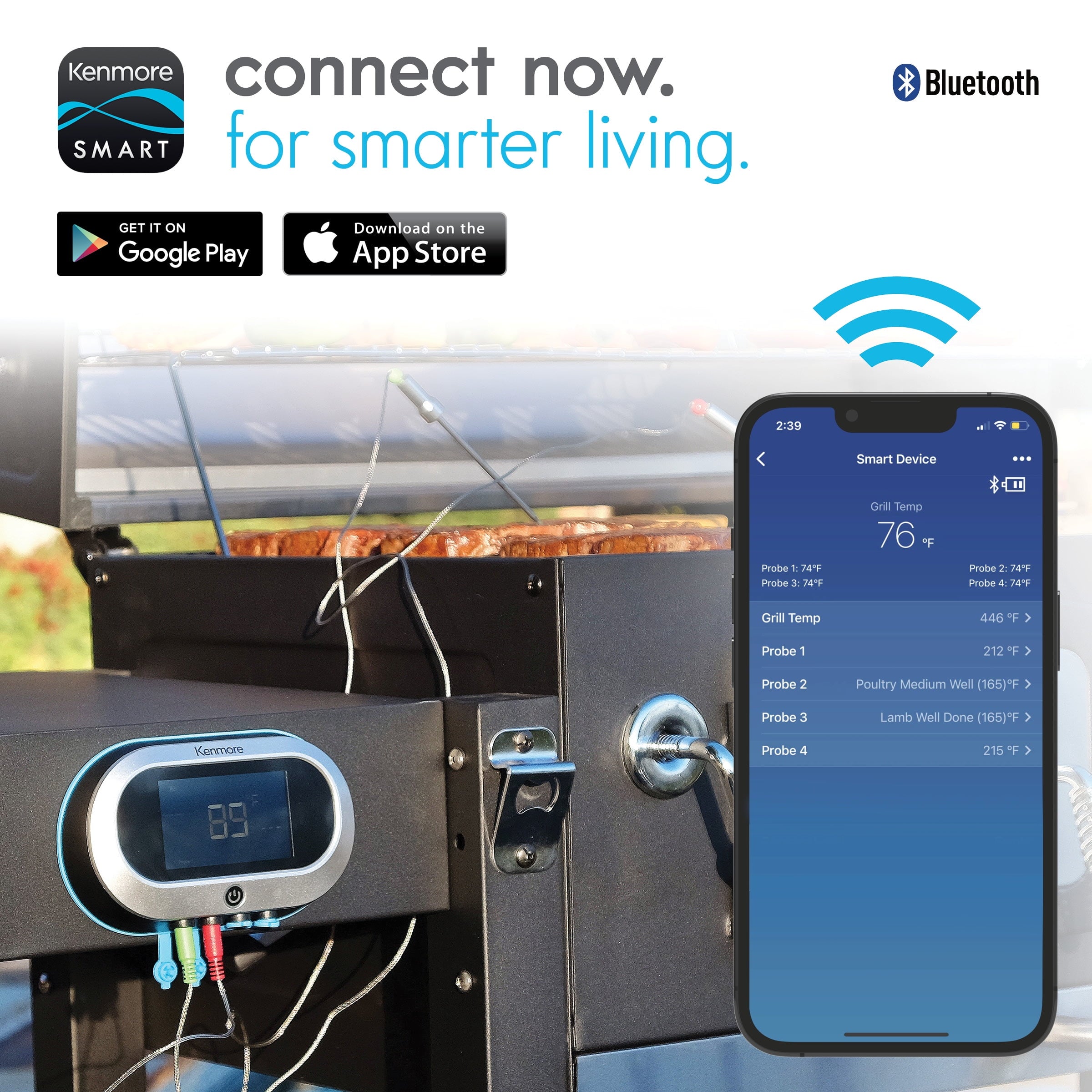 32-inch Smart Charcoal Grill with Bluetooth Meat Thermometer. LCD Display. and Temperature Probes. Stainless Steel/Black