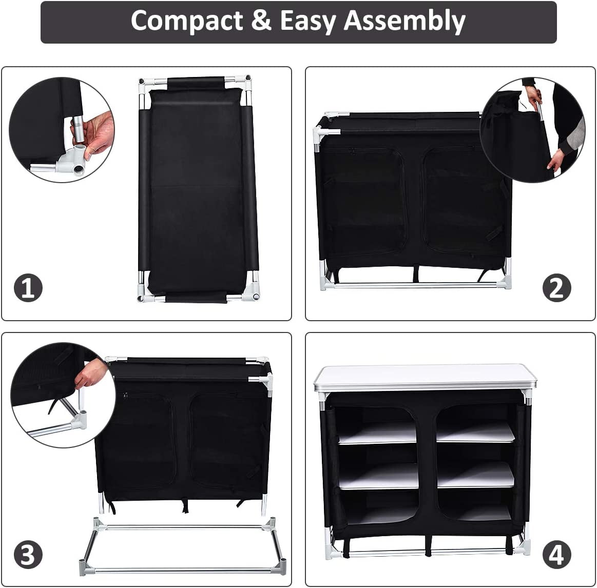Cook Table Kitchen Station with Storage Organizer and Carrying Bag. for BBQ Party. Picnics. Backyards. Tailgating. Portable. Black
