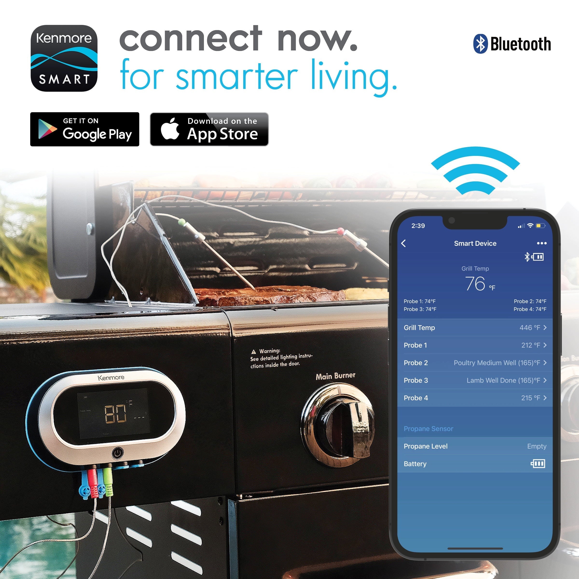 4-Burner Smart Gas Grill with Side Searing Burner. Black with Chrome Accents