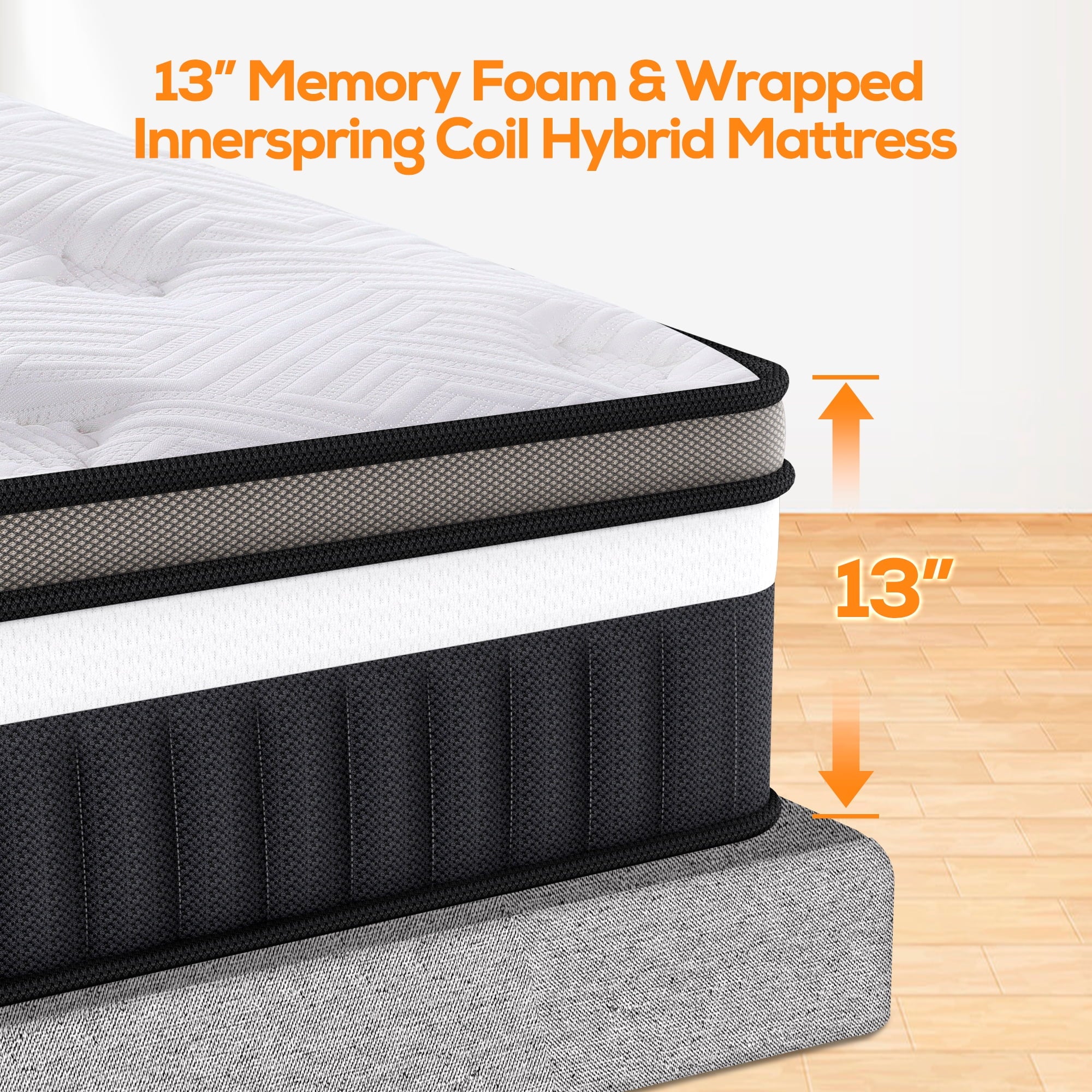 13 inch Memory Foam Innerspring Hybrid Mattress in a Box. Breathable Bed Mattress with CertiPUR-US Certified Foam for Sleep Supportive & Pressure Relief. King