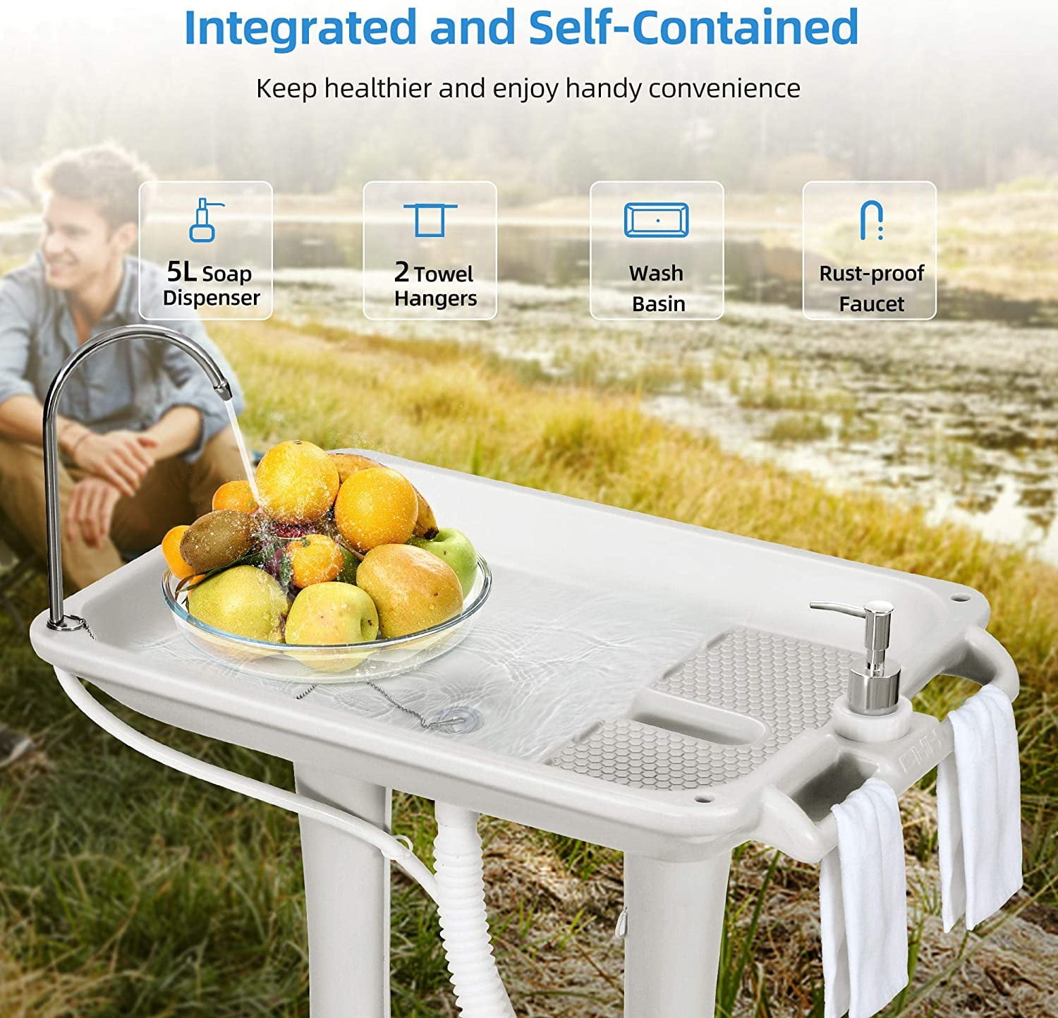 Portable Sink Camping 30 L with Rolling Wheels. Hand Washing Station with 30 L Sewage Tank