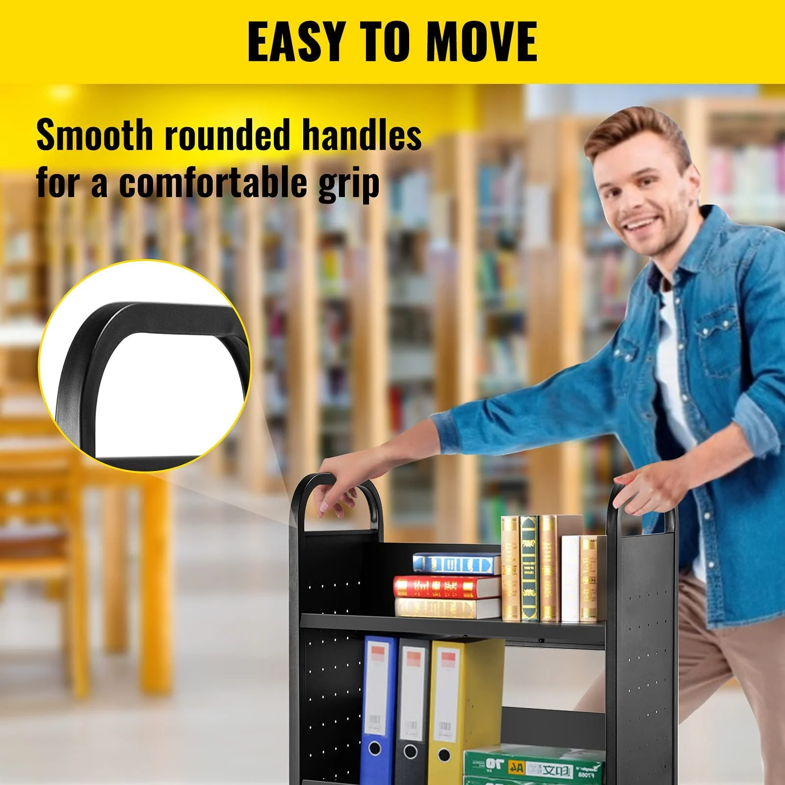 VEVOR Single Sided V-Shaped 30x14x49 Inch Rolling Book Cart