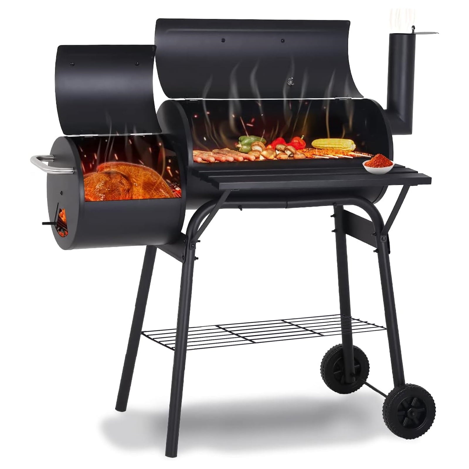 Outdoor Portable BBQ Charcoal Grill with Offset Smoker. Black