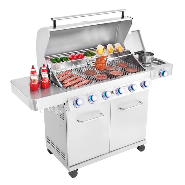 6-Burner Propane Gas Grill in Stainless with LED Controls. Side Burner and Rotisserie Kit