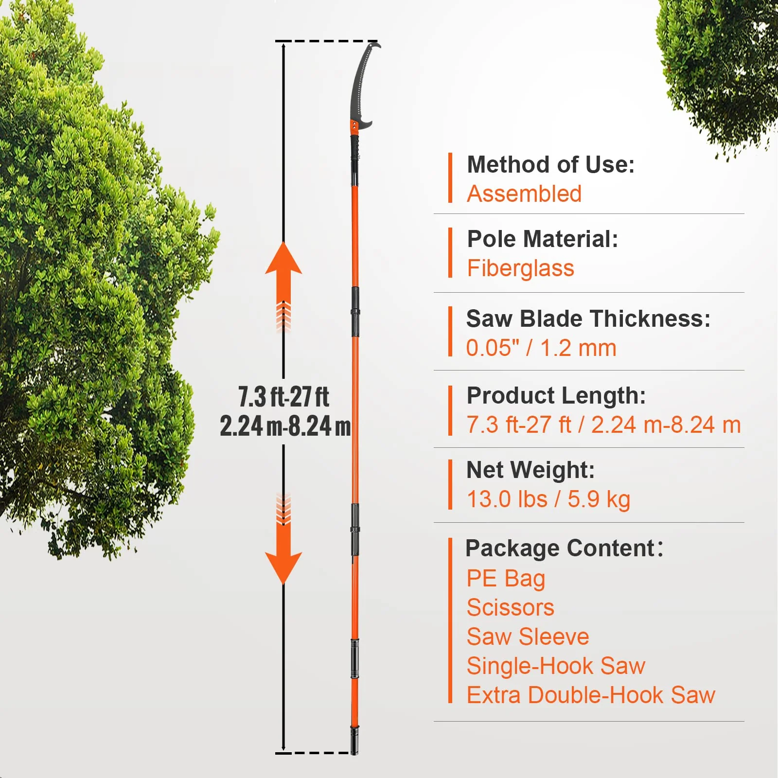 VEVOR Manual Pole Saw. 7.3-27 ft Extendable Tree Pruner