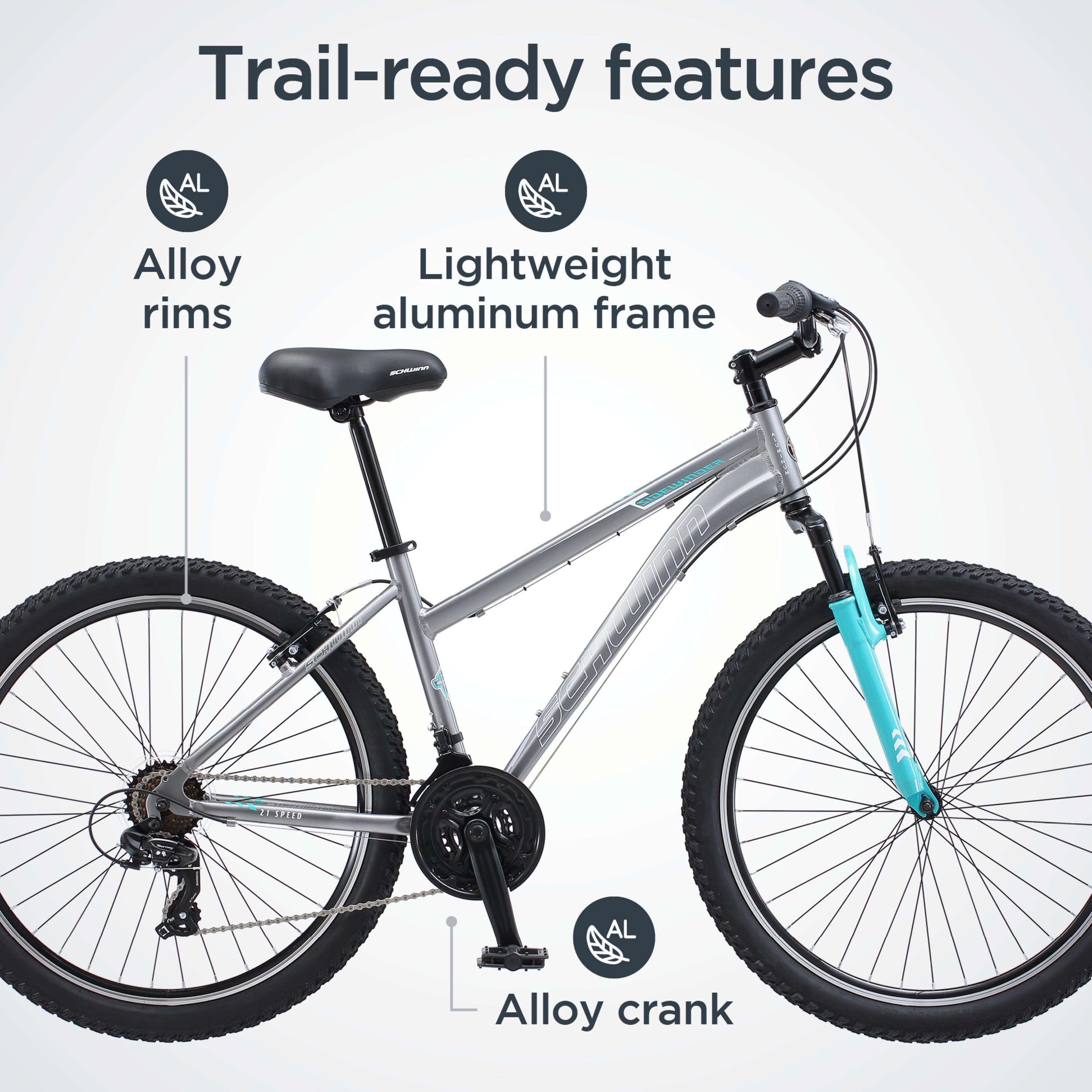 Sidewinder Mountain Bike. 26-inch wheels. womens frame. silver/blue