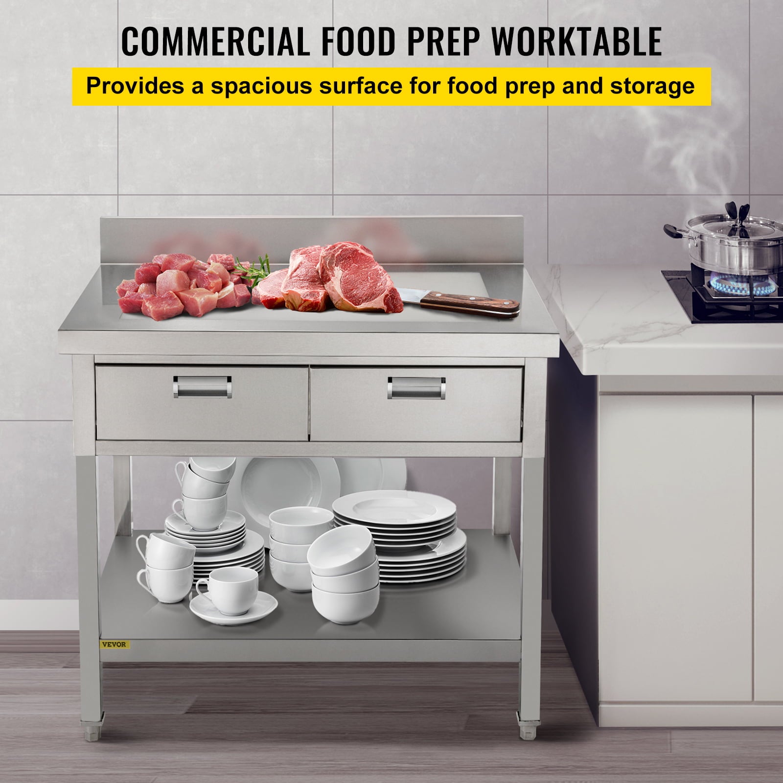 Commercial Work Table Workstation 24 x 42 Inches Commercial Food Prep Work Table with 2 Drawers. Undershelf and Backsplash. 992 lbs Load Stainless-Steel Kitchen Island for Restaurant. Home and Hotel