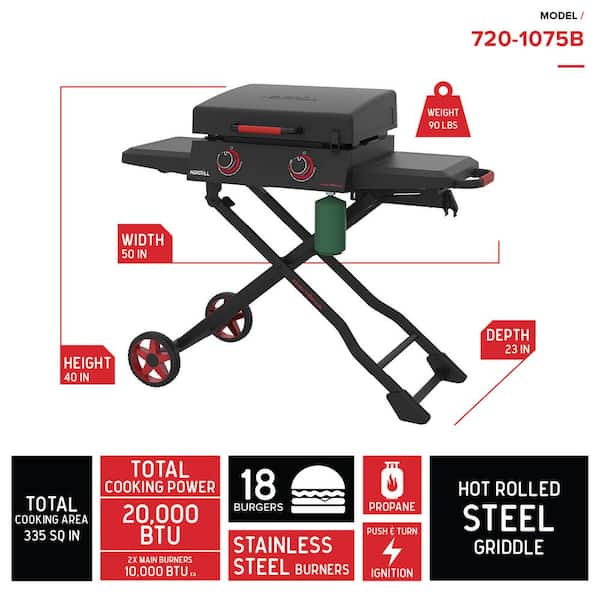Daytona 2-Burner 21 in. Propane Gas Griddle with Foldable Cart in Black